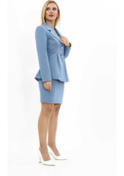 Erkek Yaka Önleri Pileli Ceket & Yırtmaçlı Düz Dar Etek-Deniz modelleri