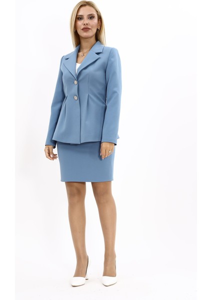 Erkek Yaka Önleri Pileli Ceket & Yırtmaçlı Düz Dar Etek-Deniz indirimleri