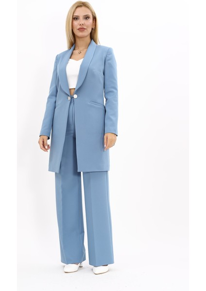 Şal Yaka Cepli Uzun Ceket & Bol Paça Pantolon-Deniz