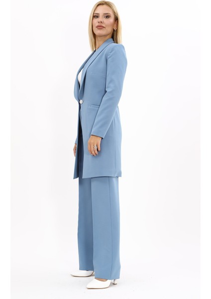 Şal Yaka Cepli Uzun Ceket & Bol Paça Pantolon-Deniz modelleri