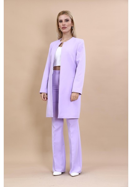 Sıfır Yaka Düz Uzun Ceket & İspanyol Paça Pantolon-Menekşe