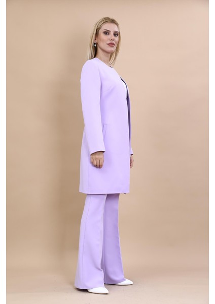 Sıfır Yaka Düz Uzun Ceket & İspanyol Paça Pantolon-Menekşe fırsatları