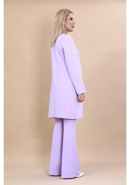 Sıfır Yaka Düz Uzun Ceket & İspanyol Paça Pantolon-Menekşe indirimleri