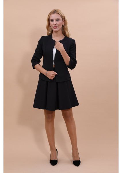 Sıfır Yaka Düz Kısa Ceket & Kısa Kloş Etek-Siyah fırsatları