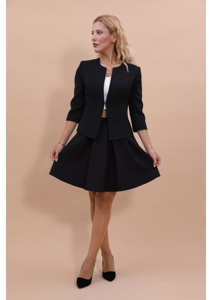 Sıfır Yaka Düz Kısa Ceket & Kısa Kloş Etek-Siyah indirimleri