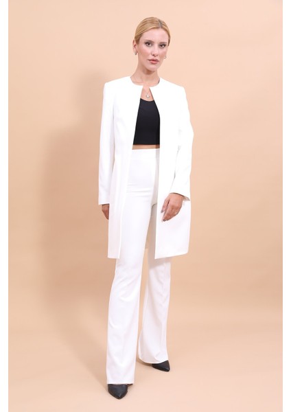 Sıfır Yaka Düz Uzun Ceket & İspanyol Paça Pantolon-Beyaz fiyatları