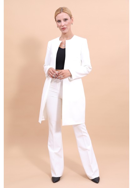 Sıfır Yaka Düz Uzun Ceket & İspanyol Paça Pantolon-Beyaz modelleri