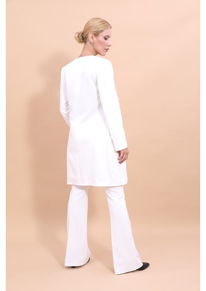 Sıfır Yaka Düz Uzun Ceket & İspanyol Paça Pantolon-Beyaz fırsatları