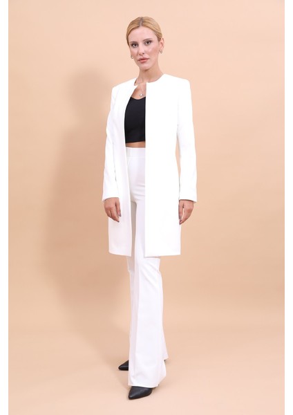 Sıfır Yaka Düz Uzun Ceket & İspanyol Paça Pantolon-Beyaz indirimleri