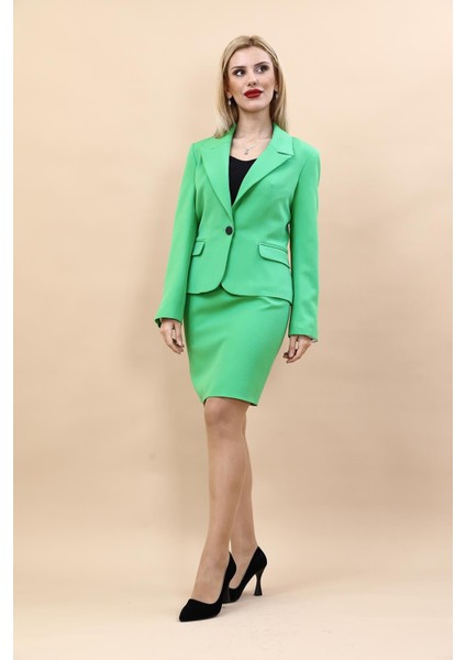 Erkek Yaka Tek Düğmeli Klasik Ceket & Yırtmaçlı Düz Dar Etek-Yeşil