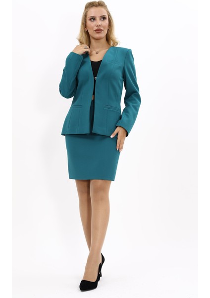 V Yaka Boydan Kuplu Kılasik Ceket & Yırtmaçlı Düz Dar Etek-Petrol