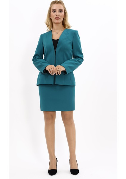 V Yaka Boydan Kuplu Kılasik Ceket & Yırtmaçlı Düz Dar Etek-Petrol indirimleri