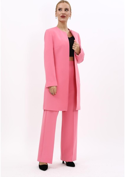 Sıfır Yaka Düz Uzun Ceket & Bol Paça Pantolon-Pembe