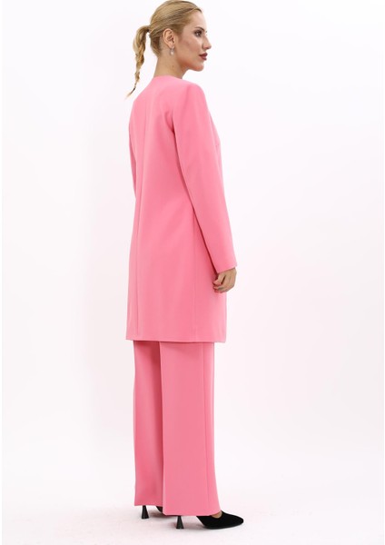 Sıfır Yaka Düz Uzun Ceket & Bol Paça Pantolon-Pembe fiyatları