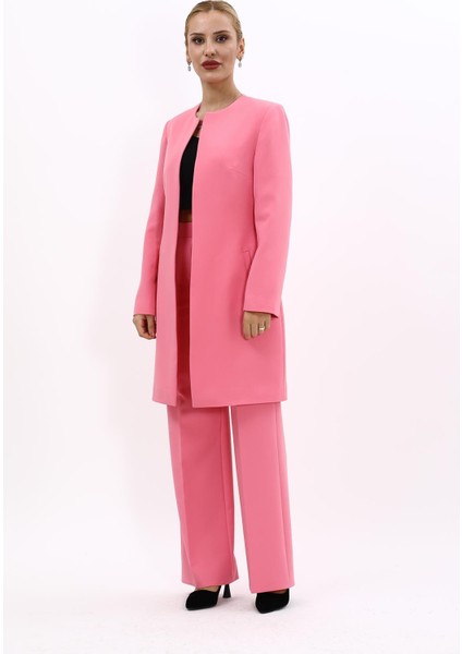 Sıfır Yaka Düz Uzun Ceket & Bol Paça Pantolon-Pembe modelleri
