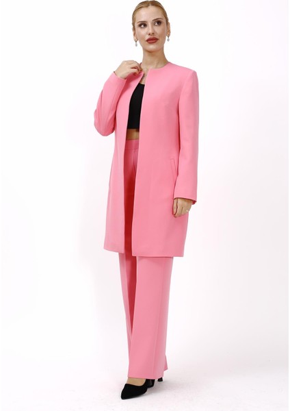 Sıfır Yaka Düz Uzun Ceket & Bol Paça Pantolon-Pembe fırsatları