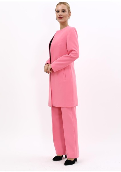 Sıfır Yaka Düz Uzun Ceket & Bol Paça Pantolon-Pembe indirimleri