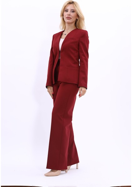 V Yaka Boydan Kuplu Kılasik Ceket & Bol Paça Pantolon-Bordo