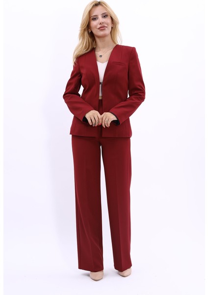 V Yaka Boydan Kuplu Kılasik Ceket & Bol Paça Pantolon-Bordo fırsatları