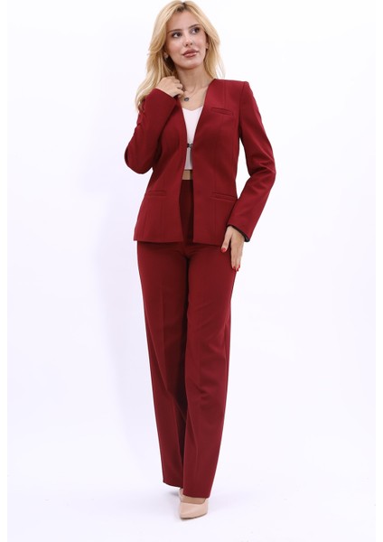 V Yaka Boydan Kuplu Kılasik Ceket & Bol Paça Pantolon-Bordo indirimleri