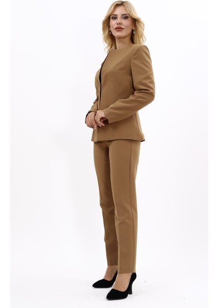 Oval Yaka Yandan Kuplu Klasik Ceket & Dar Paça Pantolon-Camel fiyatları