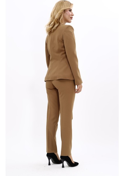 Oval Yaka Yandan Kuplu Klasik Ceket & Dar Paça Pantolon-Camel fırsatları