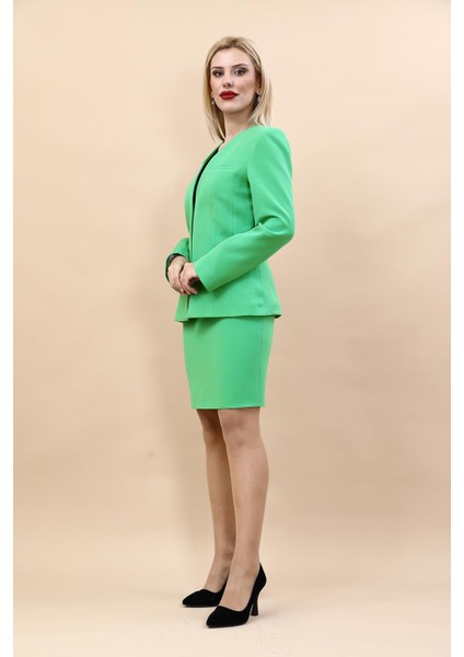 V Yaka Boydan Kuplu Kılasik Ceket & Yırtmaçlı Düz Dar Etek-Yeşil fiyatları
