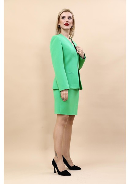 V Yaka Boydan Kuplu Kılasik Ceket & Yırtmaçlı Düz Dar Etek-Yeşil modelleri