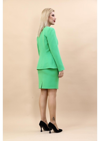 V Yaka Boydan Kuplu Kılasik Ceket & Yırtmaçlı Düz Dar Etek-Yeşil fırsatları