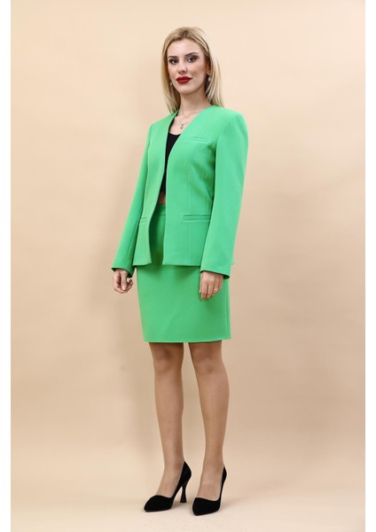 V Yaka Boydan Kuplu Kılasik Ceket & Yırtmaçlı Düz Dar Etek-Yeşil indirimleri