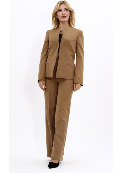 Oval Yaka Yandan Kuplu Klasik Ceket & Bol Paça Pantolon-Camel fiyatları