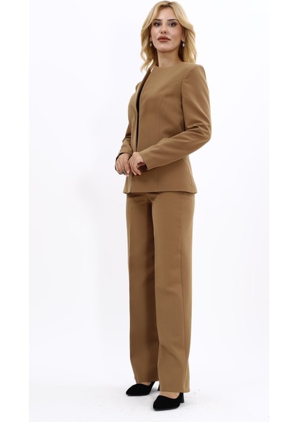 Oval Yaka Yandan Kuplu Klasik Ceket & Bol Paça Pantolon-Camel modelleri