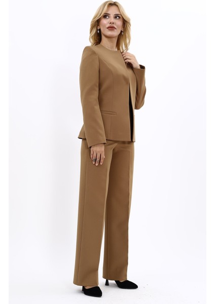 Oval Yaka Yandan Kuplu Klasik Ceket & Bol Paça Pantolon-Camel fırsatları
