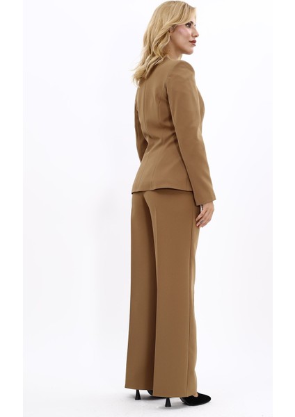 Oval Yaka Yandan Kuplu Klasik Ceket & Bol Paça Pantolon-Camel indirimleri