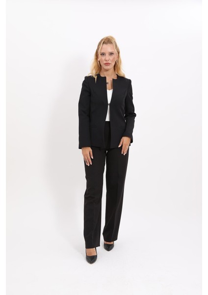 Oval Yaka Yandan Kuplu Klasik Ceket & Bol Paça Pantolon-Siyah