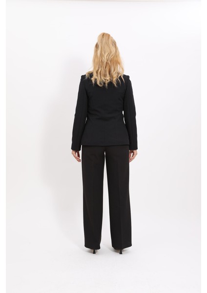 Oval Yaka Yandan Kuplu Klasik Ceket & Bol Paça Pantolon-Siyah fırsatları