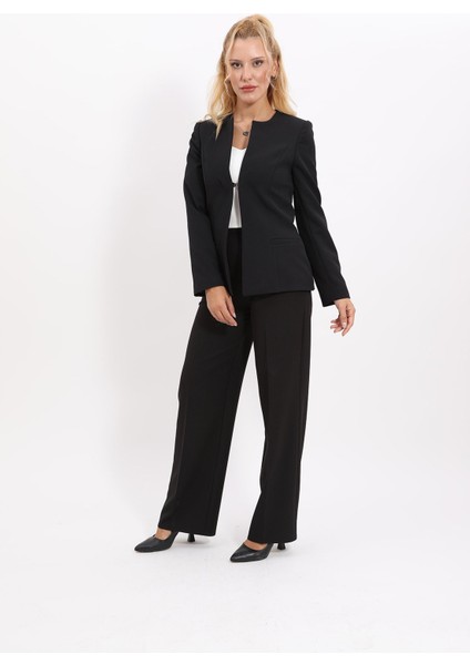 Oval Yaka Yandan Kuplu Klasik Ceket & Bol Paça Pantolon-Siyah indirimleri