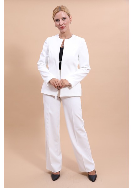 Oval Yaka Yandan Kuplu Klasik Ceket & Bol Paça Pantolon-Beyaz fiyatları