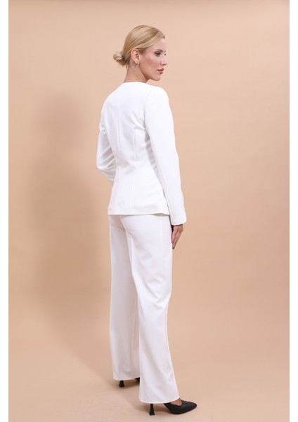 Oval Yaka Yandan Kuplu Klasik Ceket & Bol Paça Pantolon-Beyaz modelleri