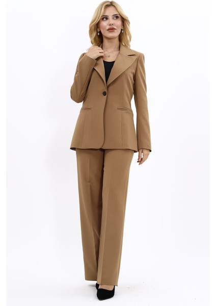 Erkek Yaka Tek Düğmeli Klasik Ceket & Bol Paça Pantolon Takım-Camel