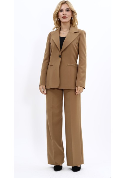 Erkek Yaka Tek Düğmeli Klasik Ceket & Bol Paça Pantolon Takım-Camel indirimleri