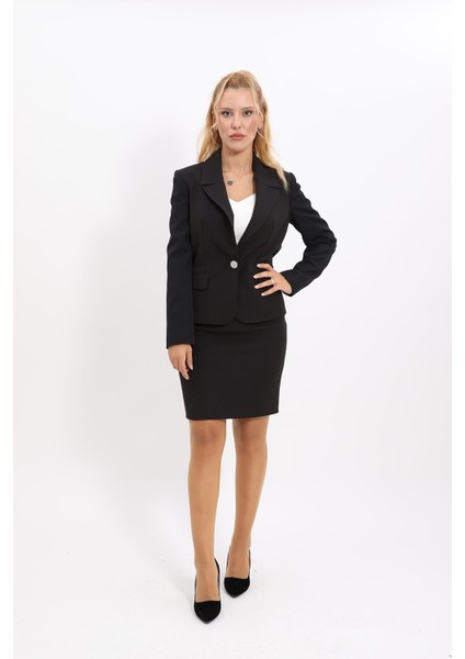 Erkek Yaka Tek Düğmeli Klasik Ceket & Yırtmaçlı Düz Dar Etek-Siyah