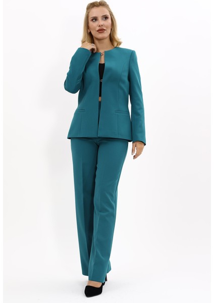 Oval Yaka Yandan Kuplu Klasik Ceket & Bol Paça Pantolon-Petrol