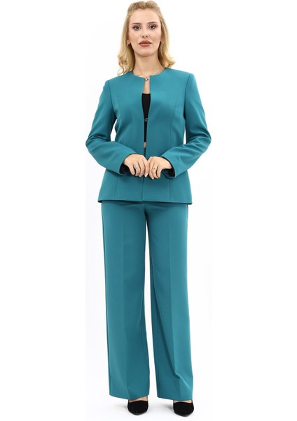 Oval Yaka Yandan Kuplu Klasik Ceket & Bol Paça Pantolon-Petrol indirimleri