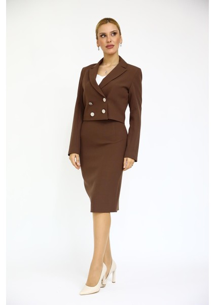 Erkek Yaka Kuruvaze Kısa Ceket & Düz Dar Etek-Kestane
