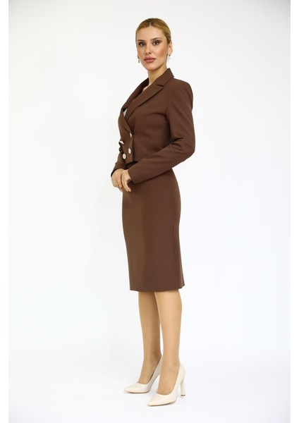 Erkek Yaka Kuruvaze Kısa Ceket & Düz Dar Etek-Kestane fiyatları