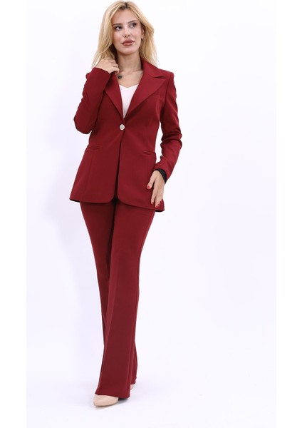 Erkek Yaka Tek Düğmeli Klasik Ceket & İspanyol Paça Pantolon-Bordo