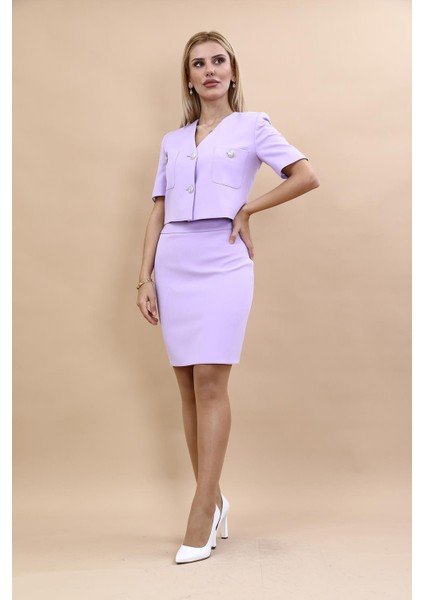 Kısa Kollu Yakasız Mini Ceket & Kısa Kalem Etek Takım-Menekşe