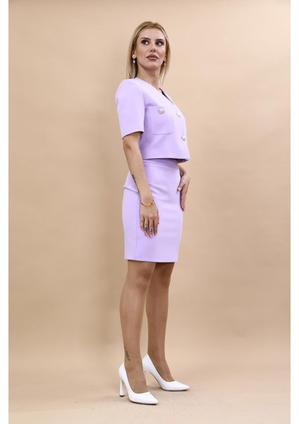 Kısa Kollu Yakasız Mini Ceket & Kısa Kalem Etek Takım-Menekşe modelleri