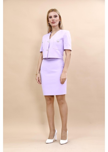 Kısa Kollu Yakasız Mini Ceket & Kısa Kalem Etek Takım-Menekşe indirimleri